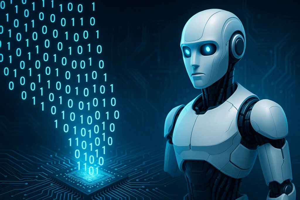 Futuristic visualization showing binary code transforming into an AI robot, representing how binary data powers AI automation in modern technology.