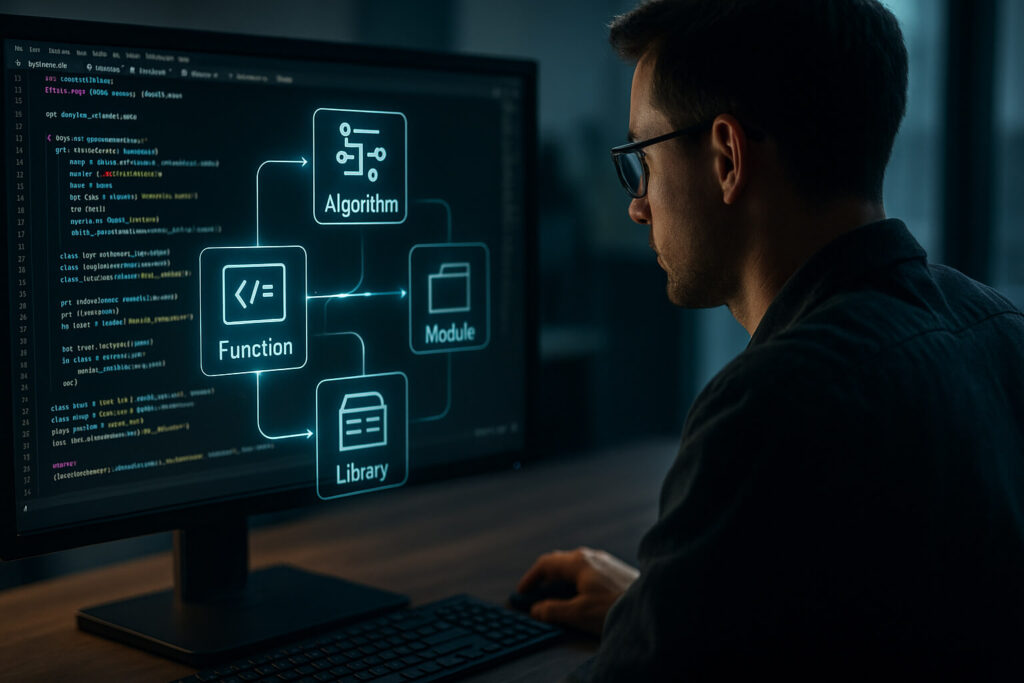A high-resolution photo of a developer at a desk with digital overlays showing how an algorithm, function, module, and library interact to automate AI tasks in a Python development environment.