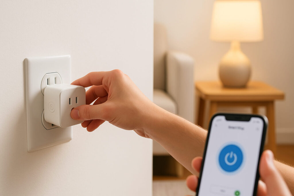 Hand plugging a smart plug into a wall socket in a clean, modern home setting with a lamp in the background — representing smart home setup for beginners.