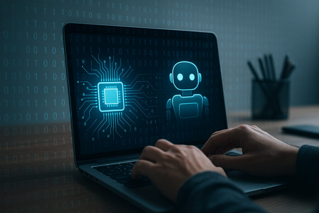 Close-up of a person's hands using a laptop with glowing binary code and microchip overlay, illustrating real-world AI automation at work.