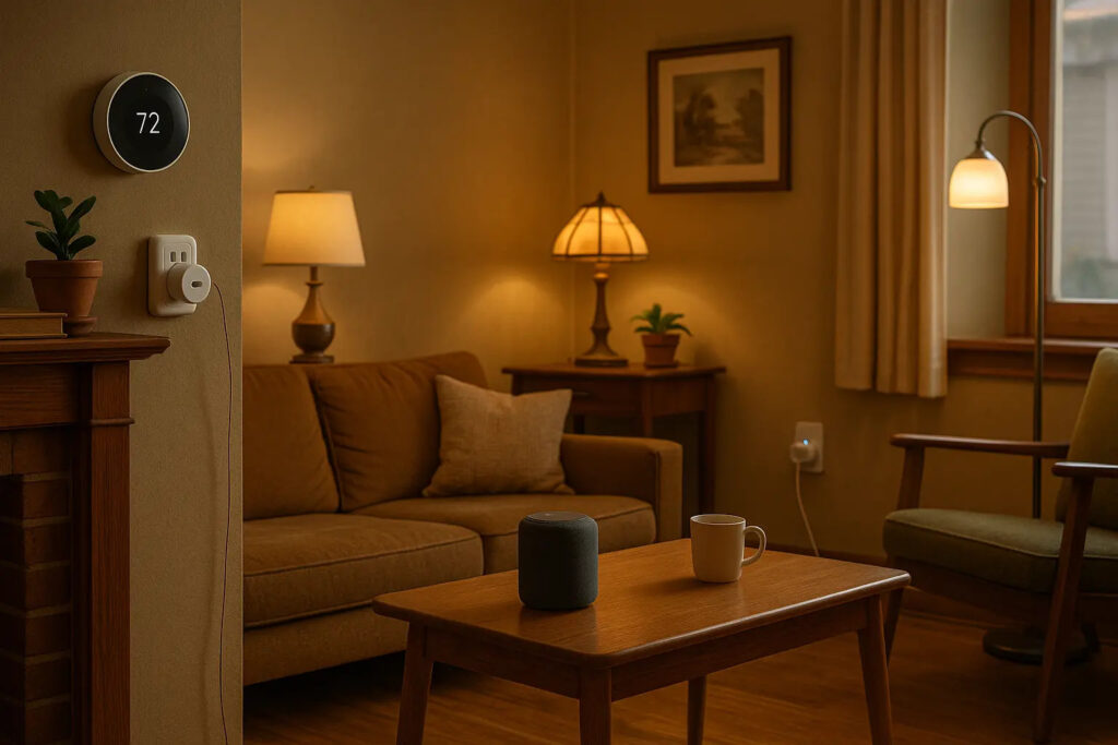 Cozy vintage living room upgraded with smart home devices under $100 including smart plugs, bulbs, and thermostat — perfect for older homes.