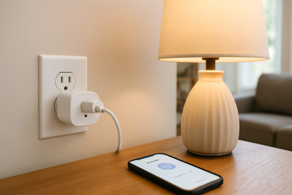 Smart plug already installed in a modern living room powering a table lamp, with a smartphone nearby showing a smart plug control app — real-world smart home use case.