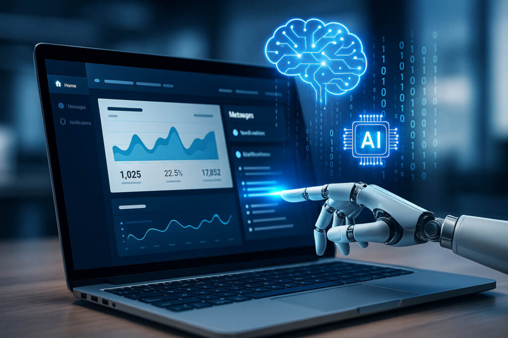 Laptop screen showing an AI-powered web dashboard with glowing AI brain icon and user interface elements like notifications and recommendations.