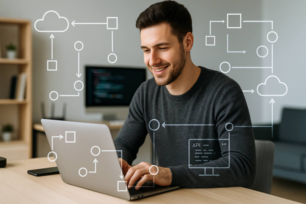 A young professional using a laptop with digital network diagrams, reflecting real-world application of AI automation fundamentals.