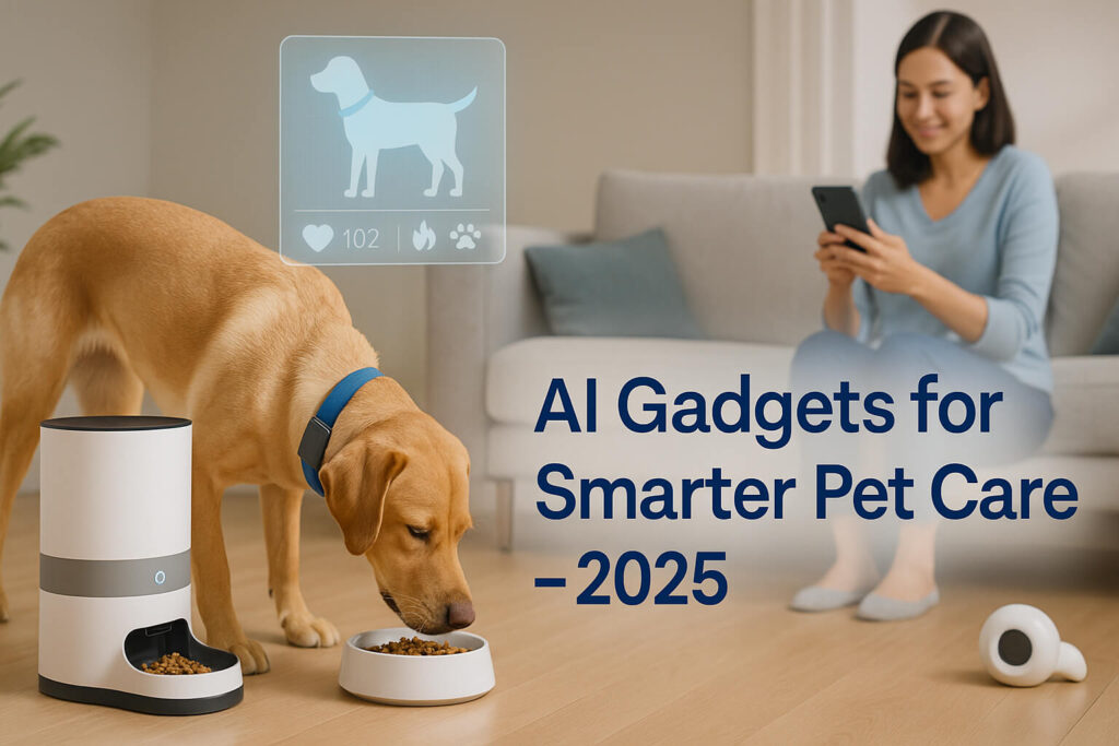 Dog interacting with smart AI pet feeder and owner using app in modern home, representing 2025 pet tech gadgets