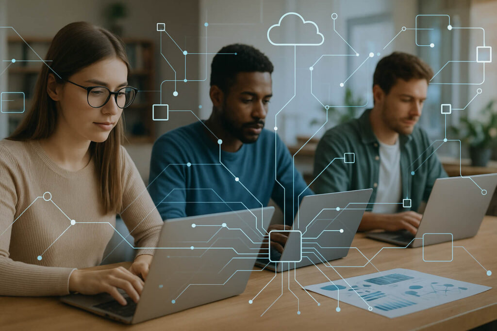 Three individuals collaborating over laptops with network visuals and AI tech overlays, symbolizing foundational networking for automation.