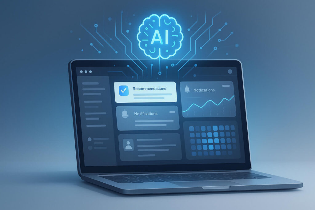 Tablet displaying a web interface optimized by AI, with glowing circuitry and predictive analytics like notifications and user behavior heatmaps.