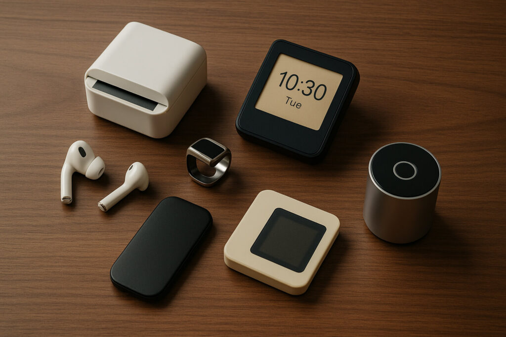 Flat lay of futuristic hidden tech gadgets on a wooden desk in soft lighting