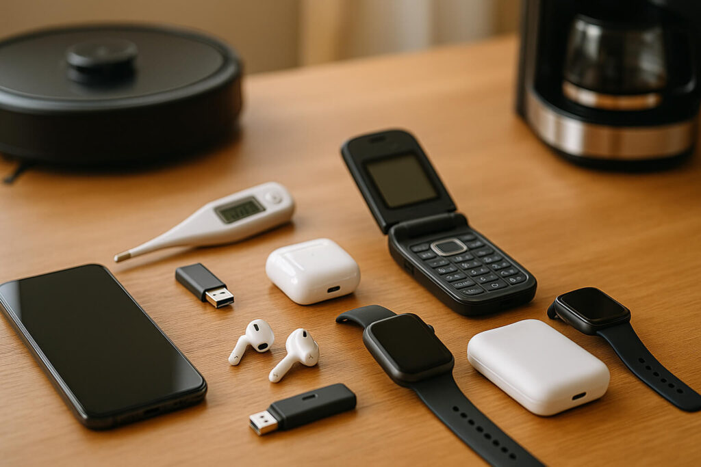 Flat lay of classic and modern gadgets including smartphone, flip phone, earbuds, and robot vacuum on desk
