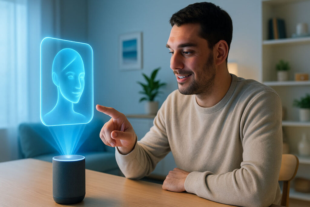 Man in home office using a futuristic holographic personal AI assistant to manage tasks on a digital to-do list