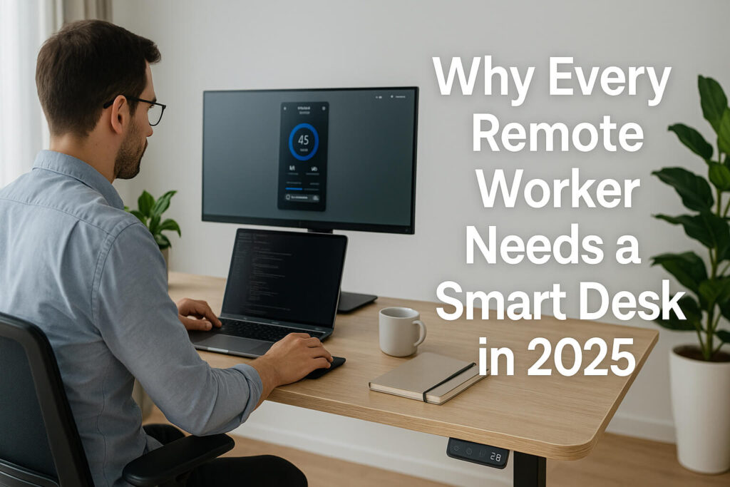 Modern home office setup with smart desk, ergonomic chair, and tech gadgets, symbolizing remote work in 2025.