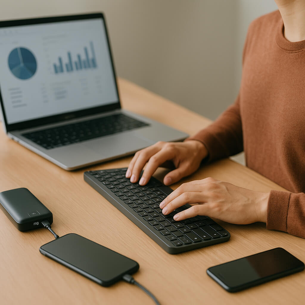 Freelancer working at a wooden desk with a wireless keyboard, power bank, laptop, and smartphone — showcasing real-world remote work tools for 2025.