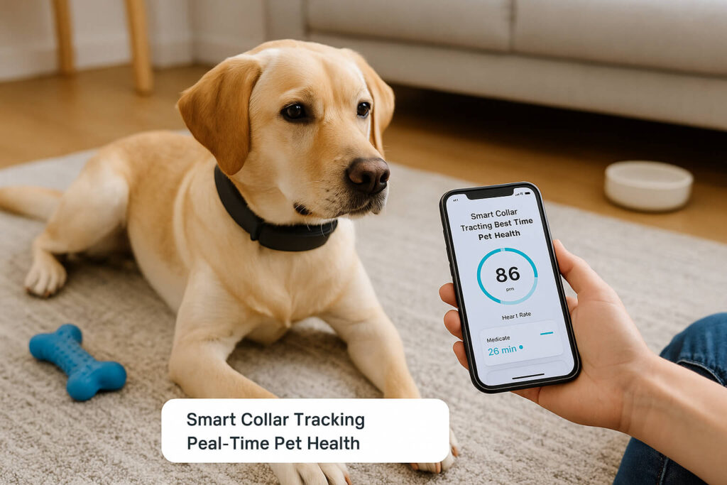 Dog wearing AI health tracking collar with real-time stats shown on smartphone in a cozy home setting