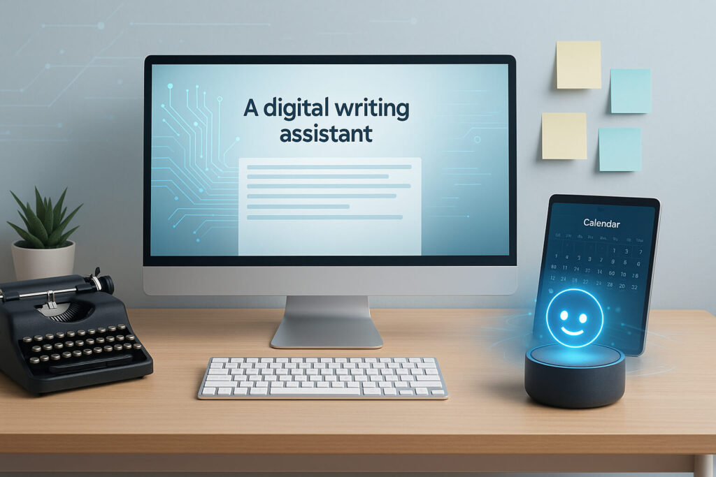 AI-powered tools replacing old apps on a modern desk — futuristic digital workspace with smart devices in 2025