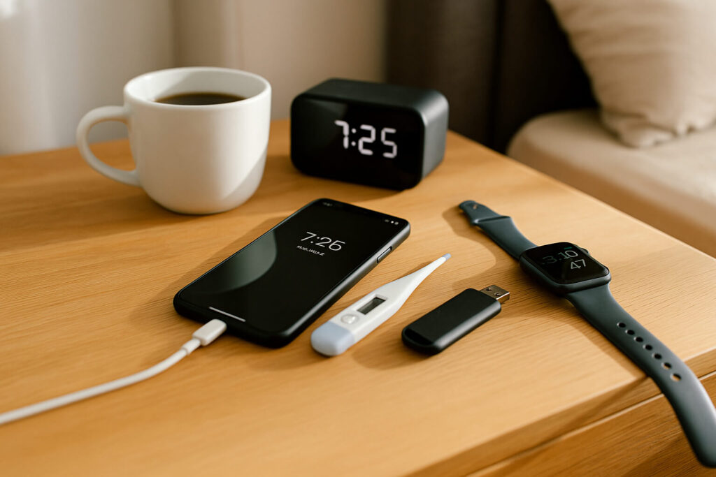Modern lifestyle workspace with smartphone, smartwatch, coffee mug, and tech gadgets on a bedside table