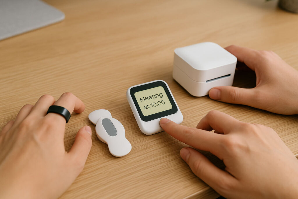 Close-up of hands using unique tech gadgets on a minimalist desk setup