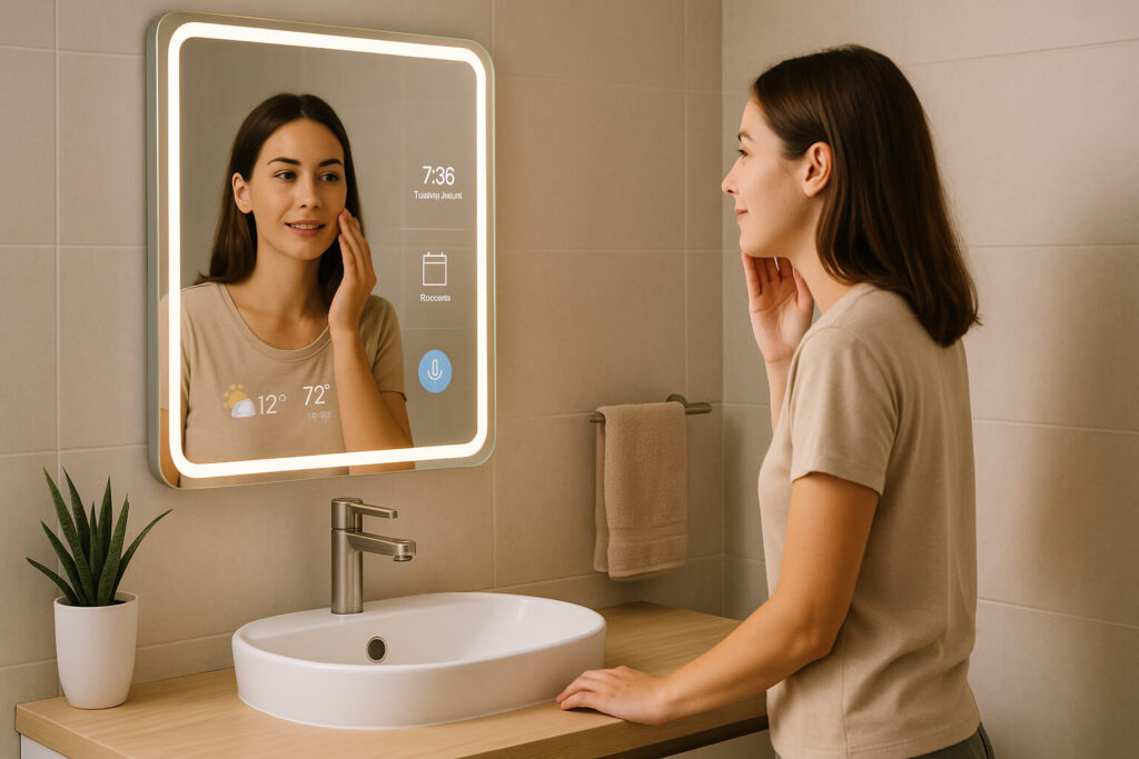 A woman applying skincare in front of a smart mirror displaying date, weather, and voice assistant options.