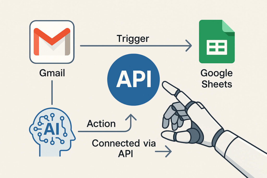 Visual diagram showing API as a connector between Gmail and Google Sheets in an AI-powered workflow.