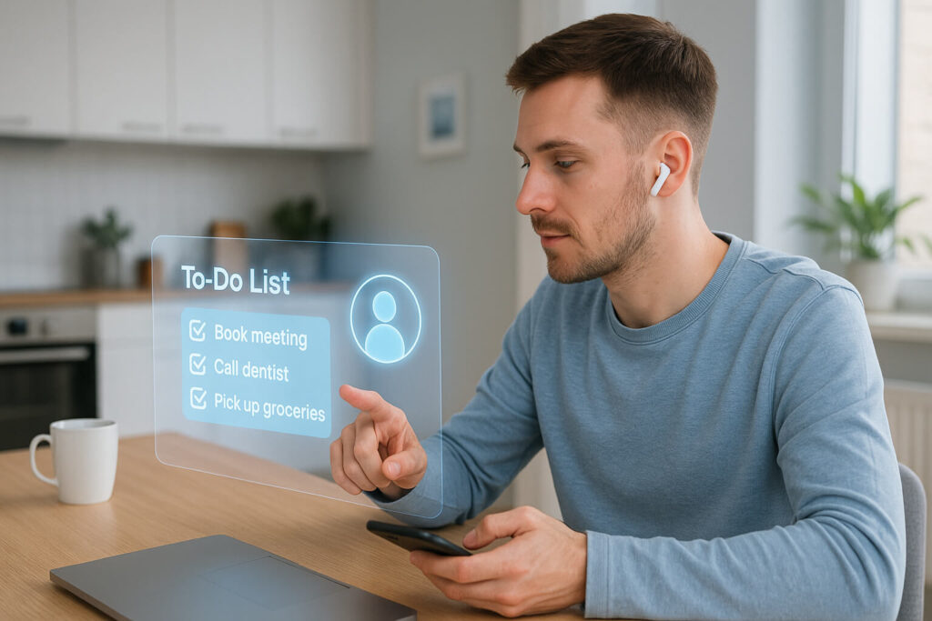 Young man using a digital assistant with holographic to-do list in a bright modern home workspace, representing personal AI use in 2027