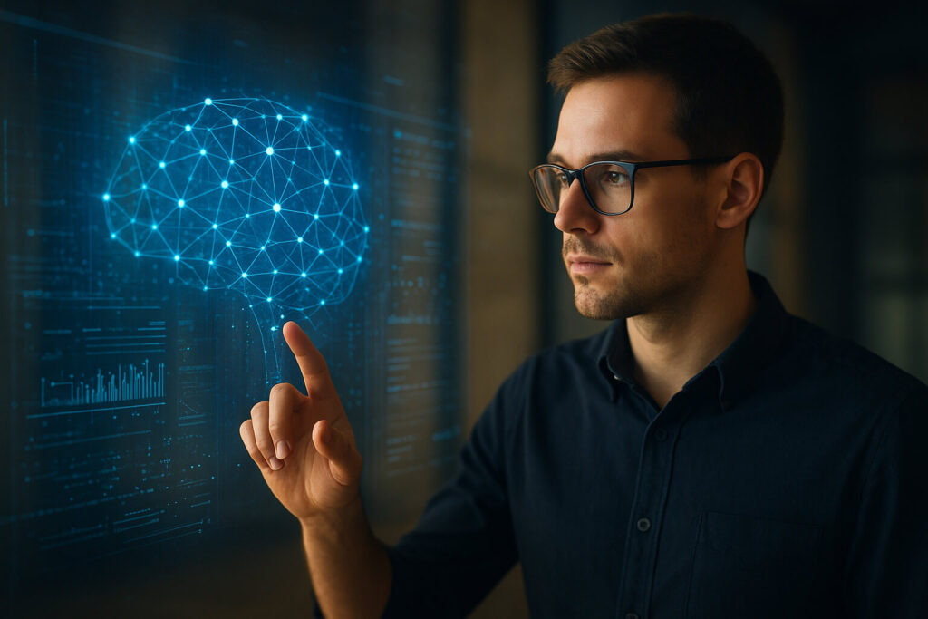 Scientist interacting with a futuristic holographic AI interface, symbolizing Artificial General Intelligence.