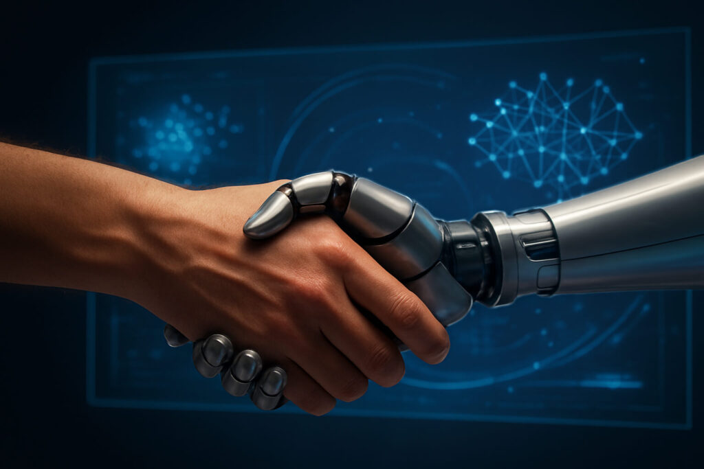 Human hand shaking an AI robotic hand with a holographic data screen in the background, representing Artificial General Intelligence collaboration.