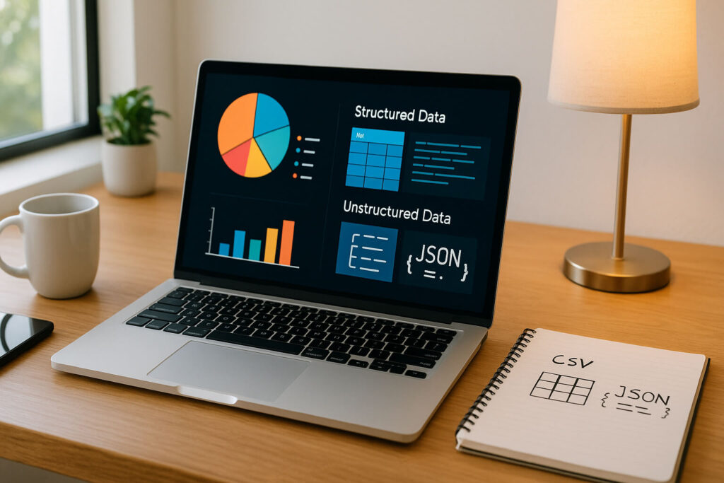 Modern workspace with laptop displaying structured and unstructured data visualizations for AI automation.