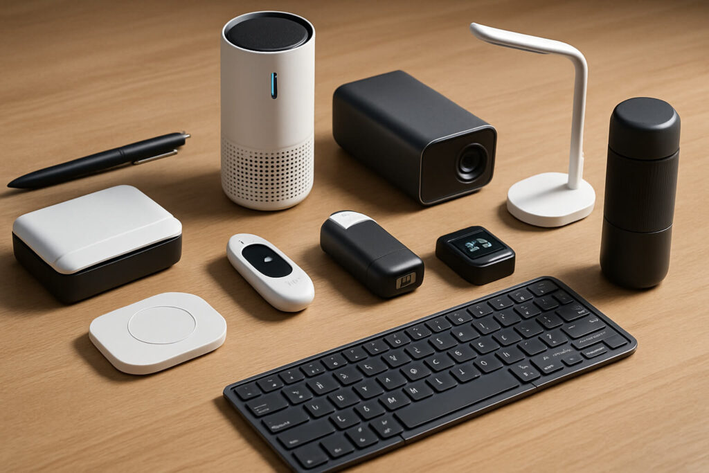 Flat lay of 10 unusual but practical gadgets on a wooden desk in bright natural light