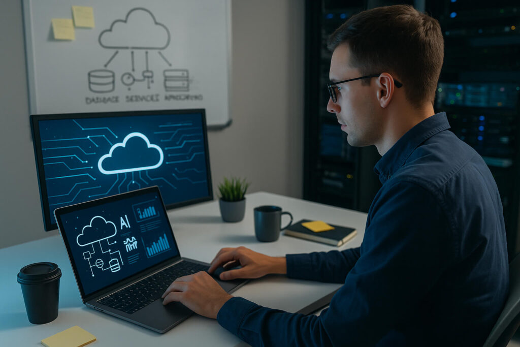 Tech engineer working on AI-powered cloud automation with laptop and server rack in the background