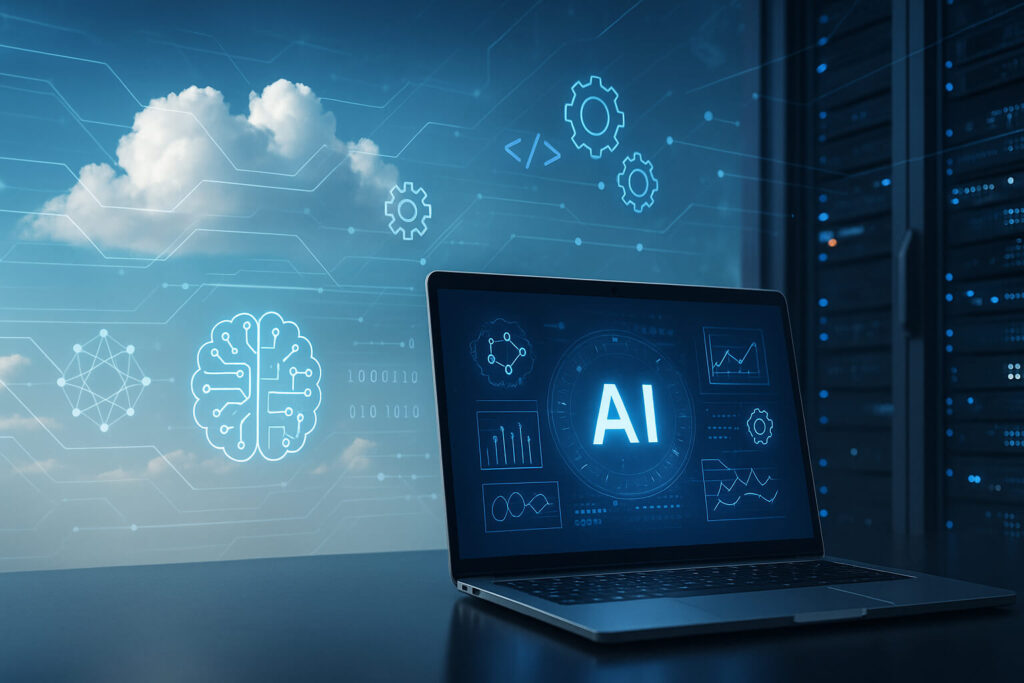 Cloud computing and AI dashboards on dual screens in a modern office with a whiteboard showing cloud architecture