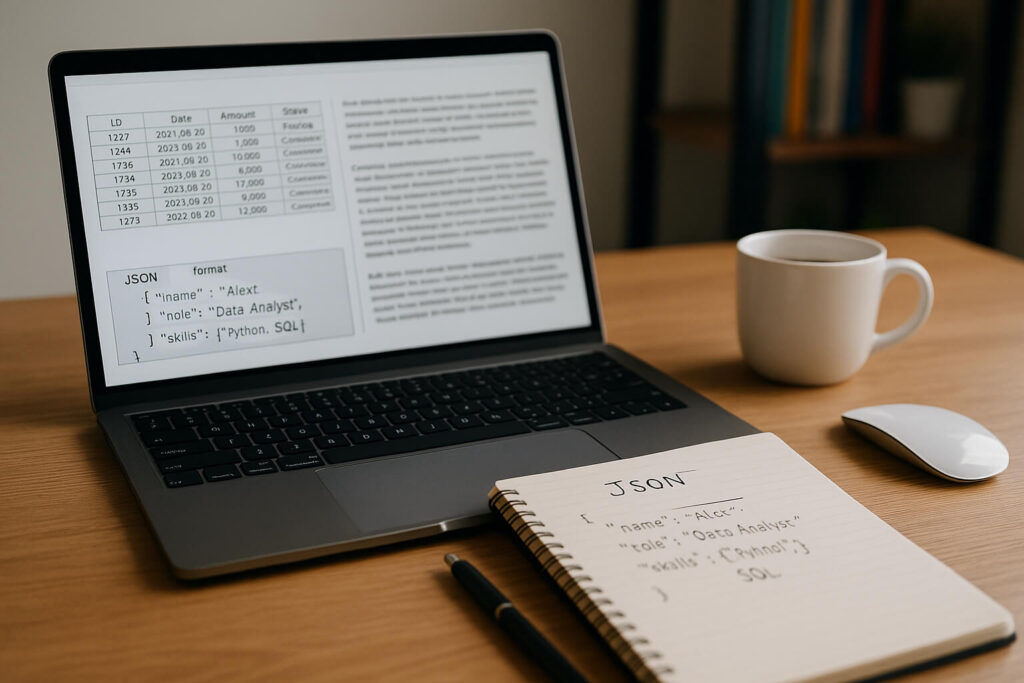 Close-up of a professional workspace with structured CSV tables and unstructured text alongside a JSON diagram.