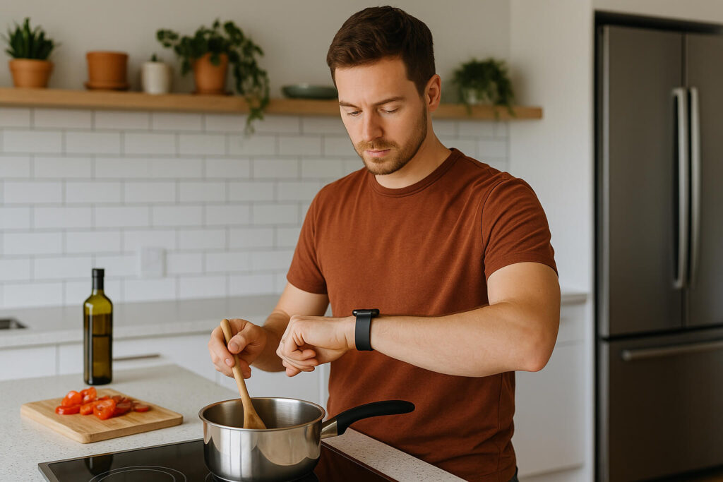 A relaxed man cooking while using wearable tech at home in a bright, modern kitchen.