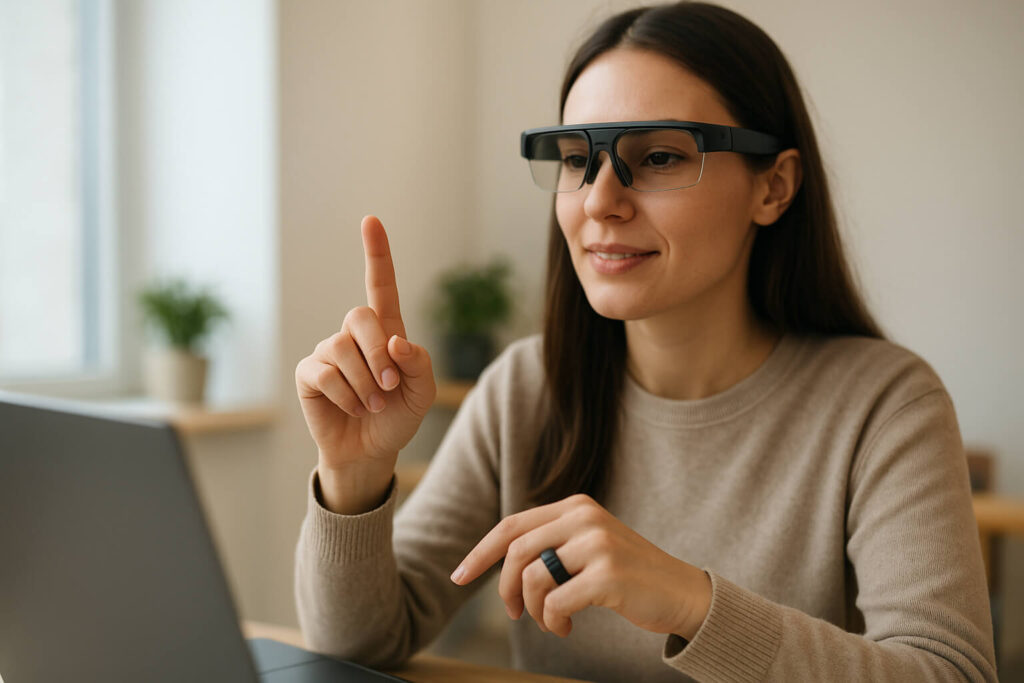 Teacher guiding students with AI classroom technology.