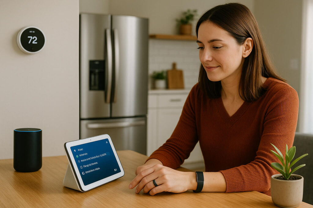 A man checking his smartwatch while cooking in a modern kitchen, representing everyday use of smart home gadgets in 2026.