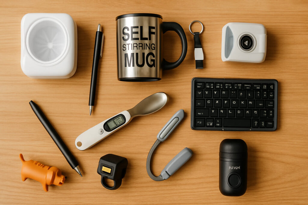 Top-down view of quirky yet practical gadgets neatly arranged on a desk