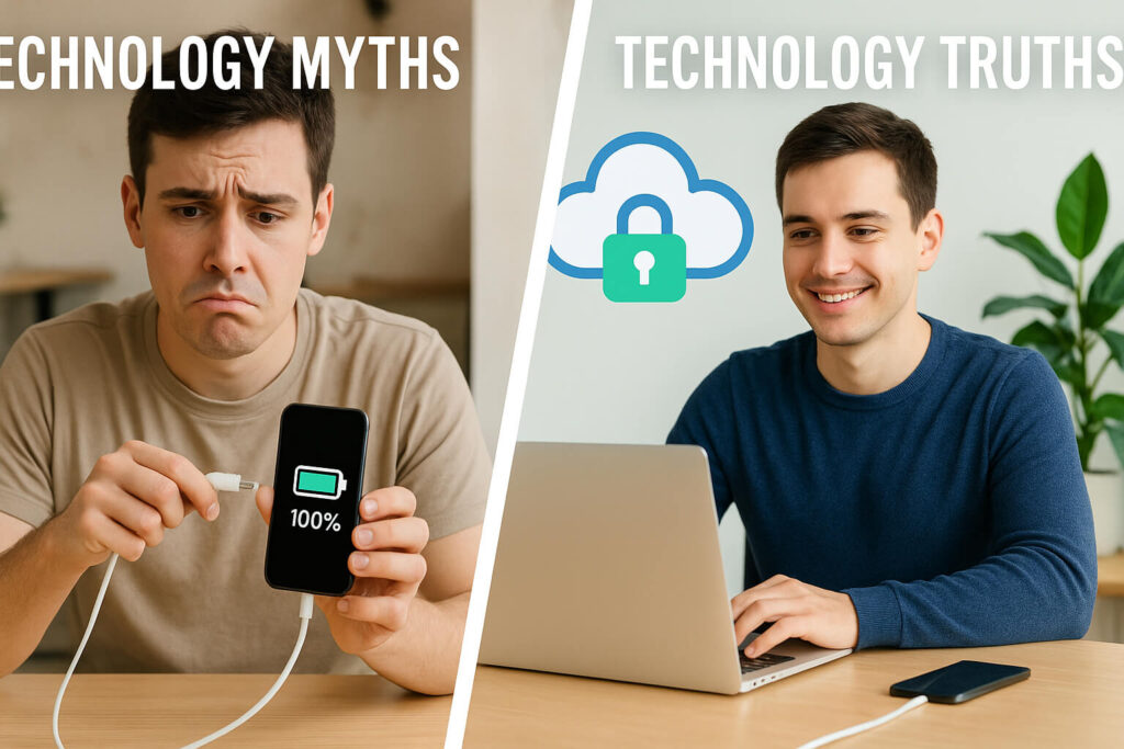 Modern man using smartphone surrounded by technology icons symbolizing truth vs myths